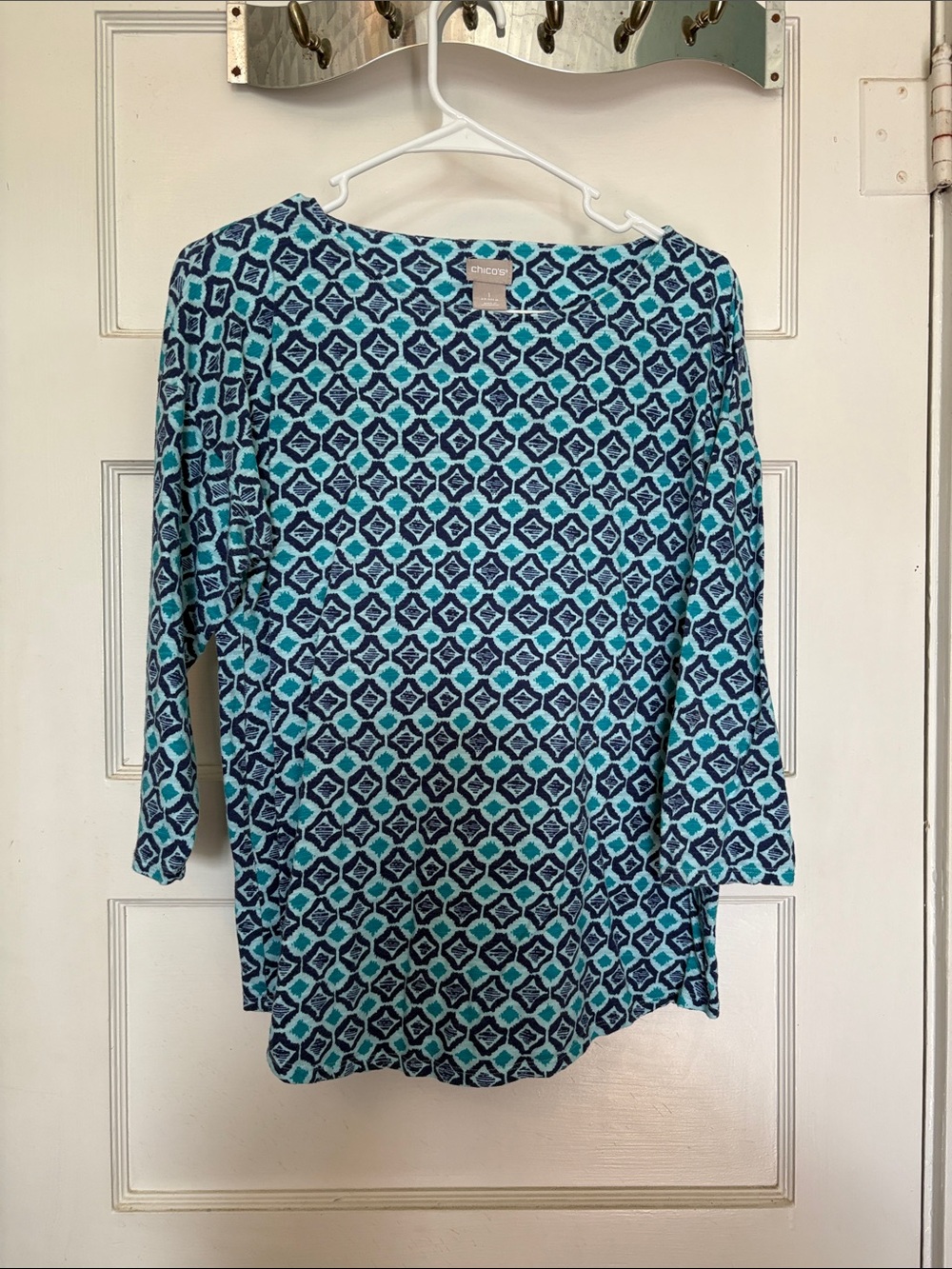Chico's Teal and Navy Geometric 3/4 Length Sleeve Top Size 1(US8)